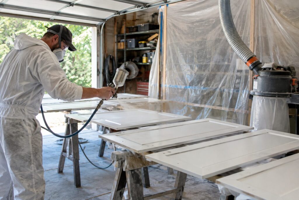 Spraying cabinet doors during a cabinet refinishing job
