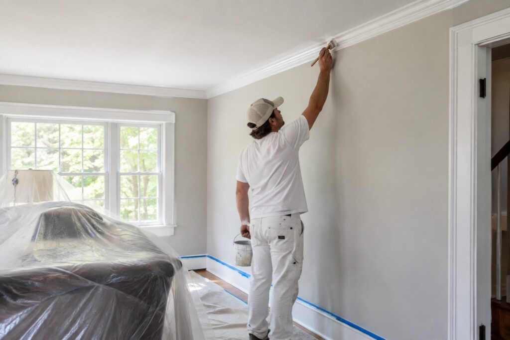 Interior painter cutting in trim in a Cambridge home