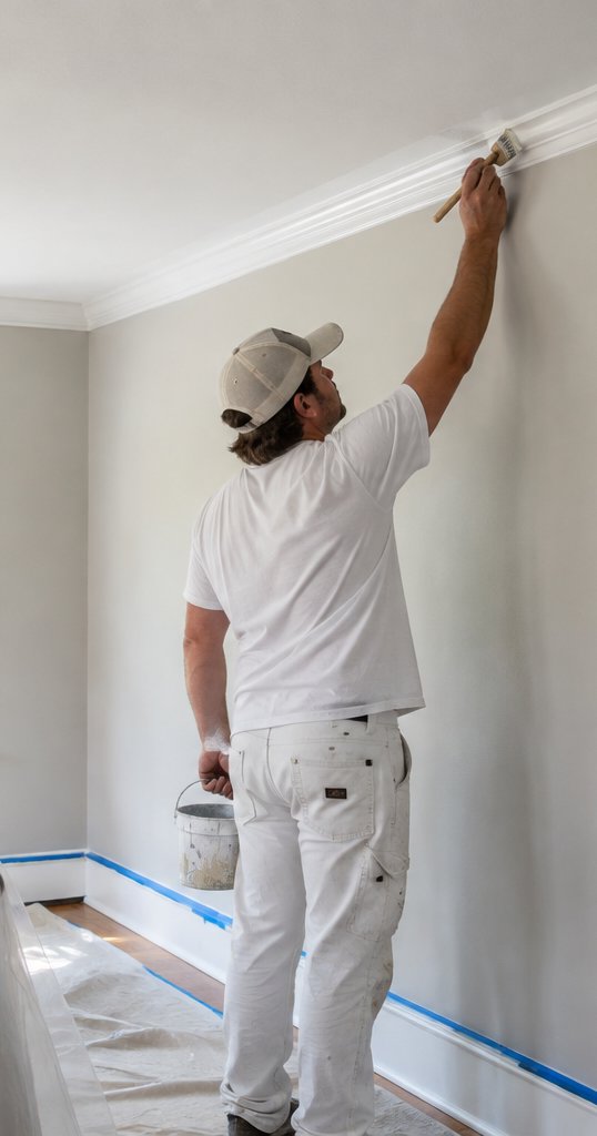 Interior painter cutting in trim in a Cambridge home