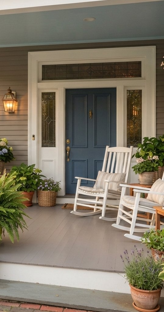 Painted front porch and blue front door in Cambridge