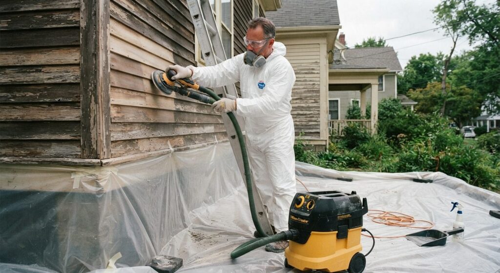 Lead safe sanding of exterior siding with HEPA vacuum